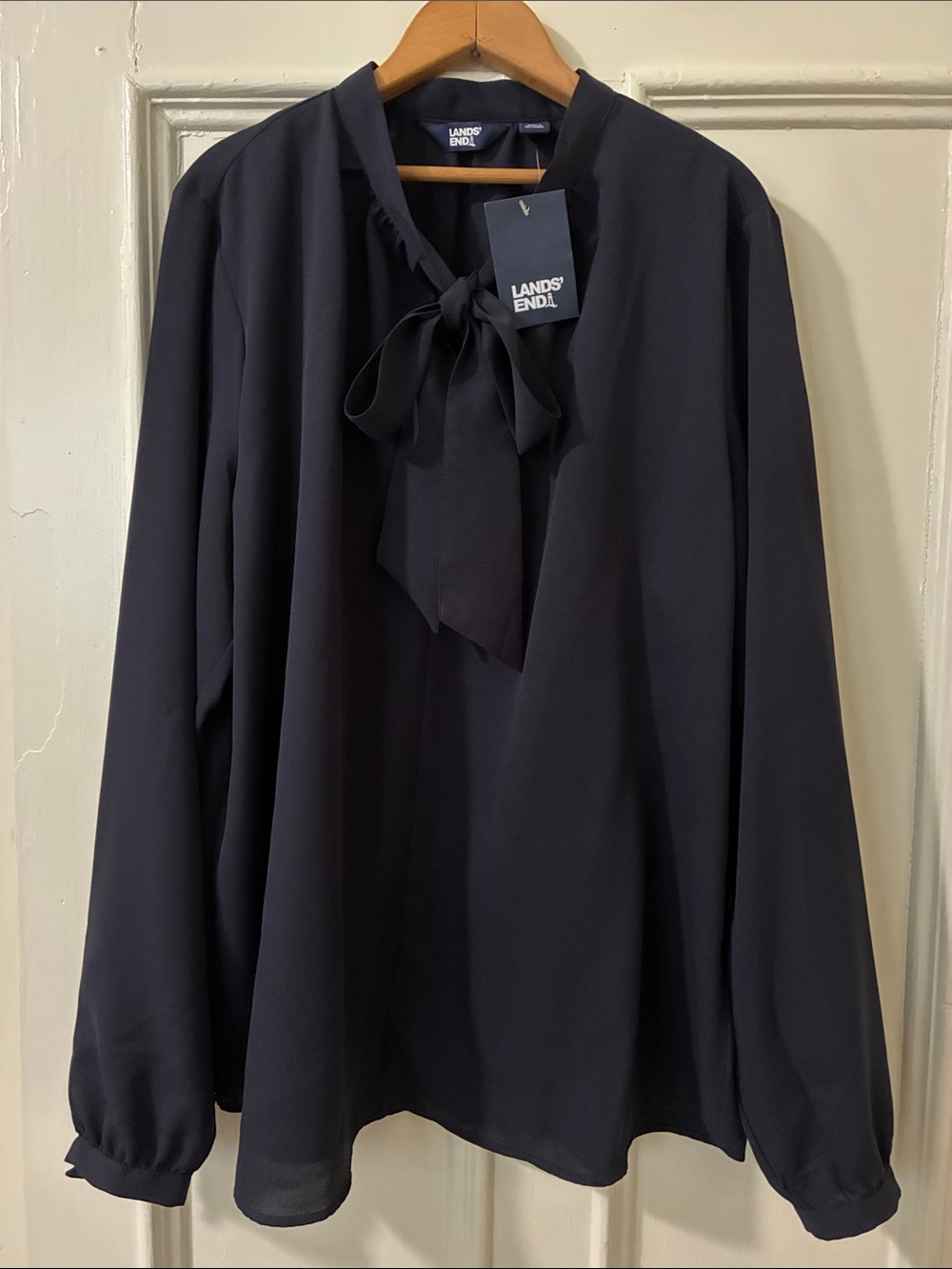 Lands End Black Blouse Top Size 16 Bow Tie Front NWT